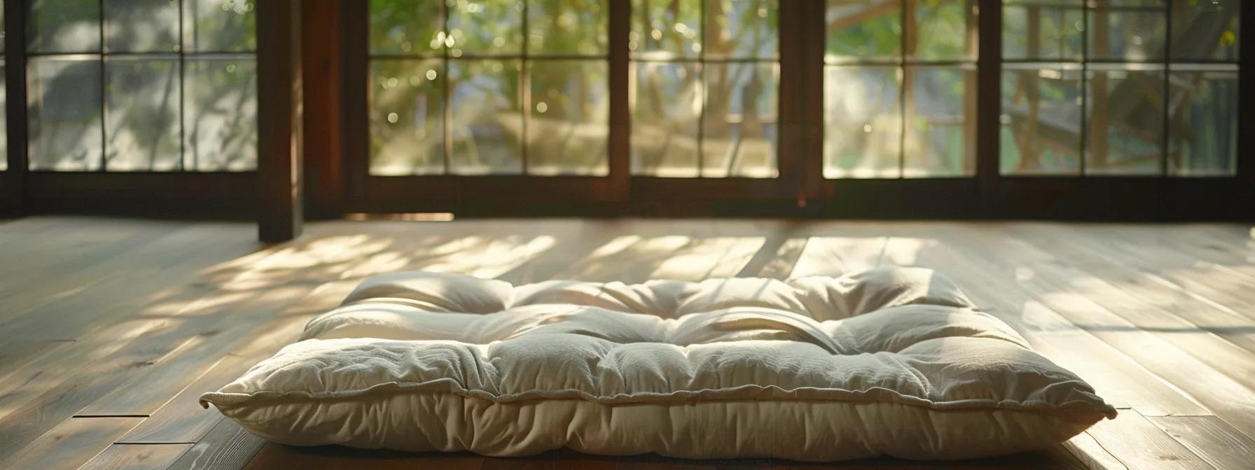 a beautifully arranged futon mattress on a serene, sunlit room floor, showcasing its inviting texture and pristine condition, surrounded by natural elements that emphasize comfort and longevity.