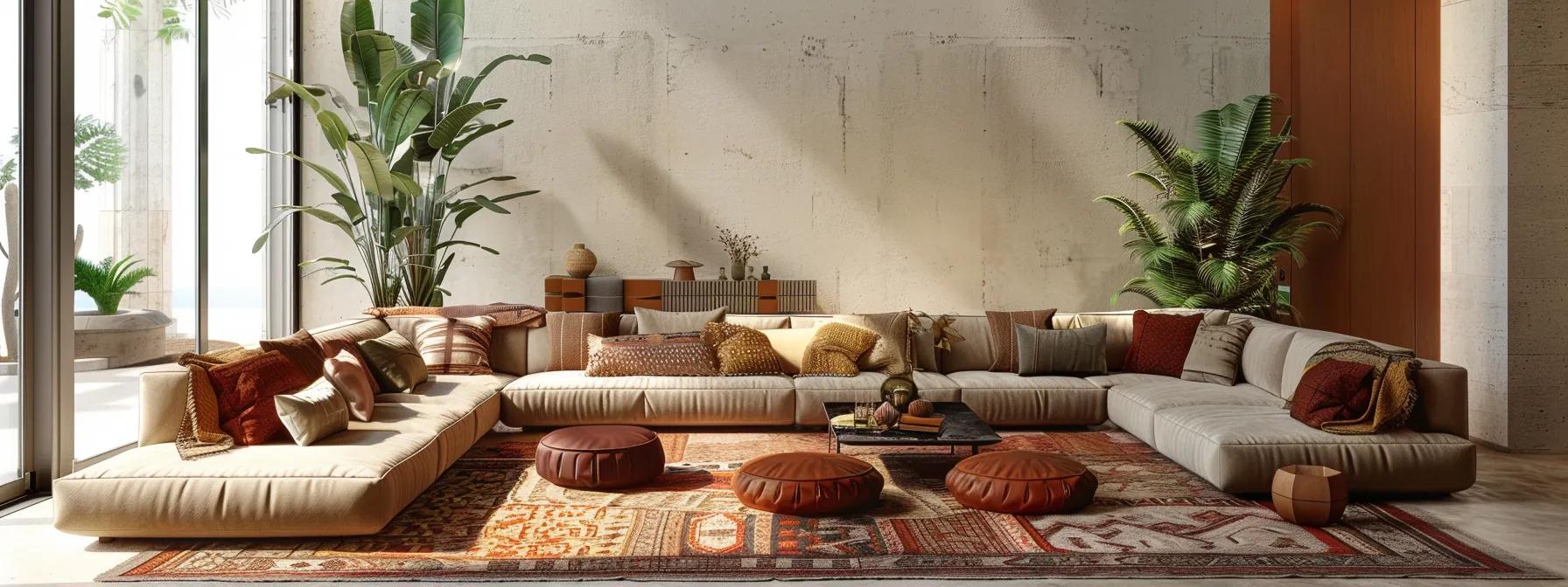 a beautifully arranged living room showcases a stylish futon sofa bed juxtaposed with an elegant traditional sofa, both harmoniously complementing the modern decor with rich textures and a vibrant color palette under soft, diffused natural lighting.