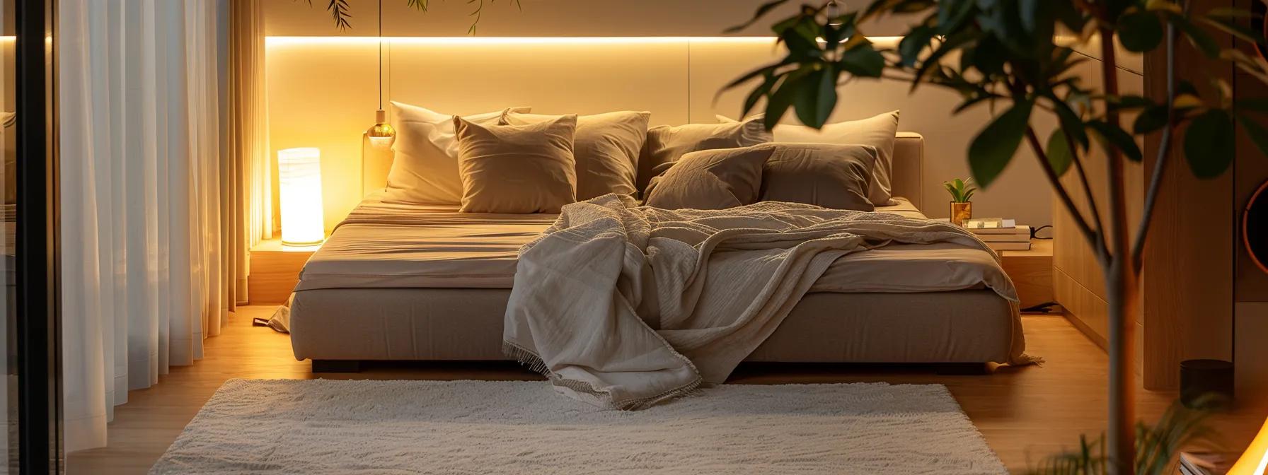 a cozy and inviting bedroom featuring a plush futon bed adorned with soft taupe textiles, complemented by a sleek steel bed frame, illuminated by warm, ambient lighting that enhances the tranquil atmosphere.