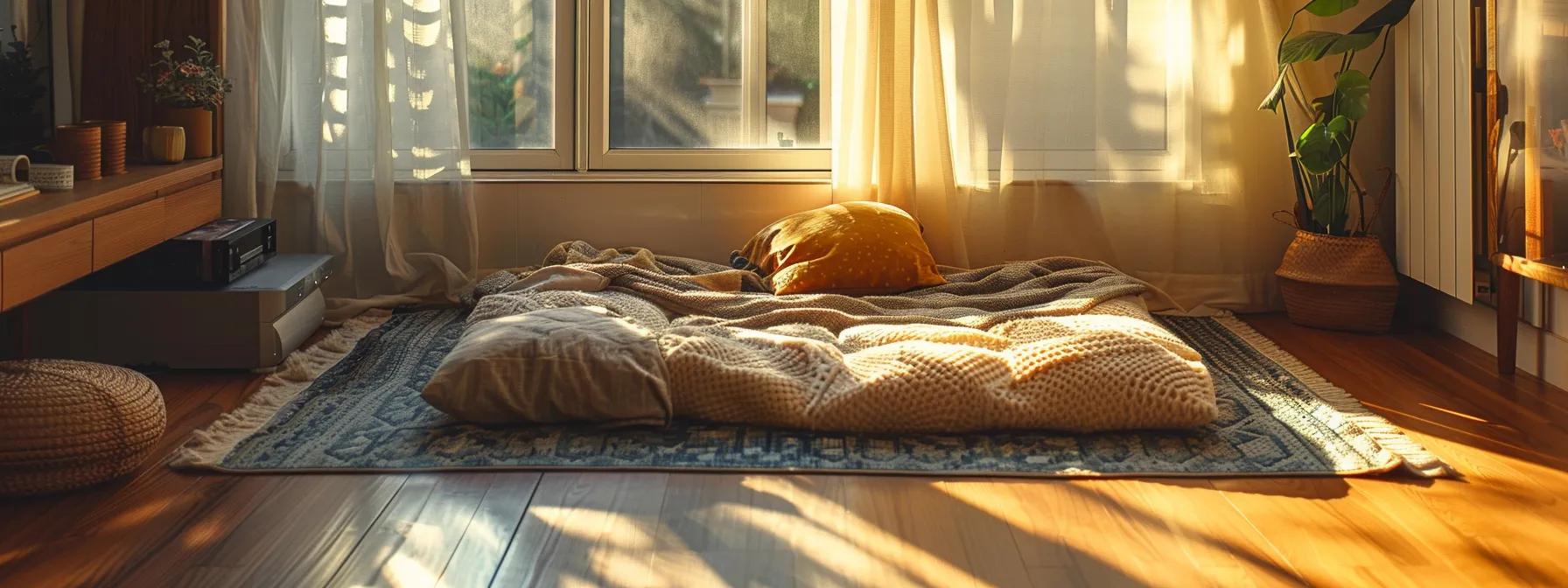 a cozy and inviting living room features a beautifully layered futon mattress, showcasing its rich texture and vibrant colors, warmly illuminated by soft, natural light filtering through a nearby window.