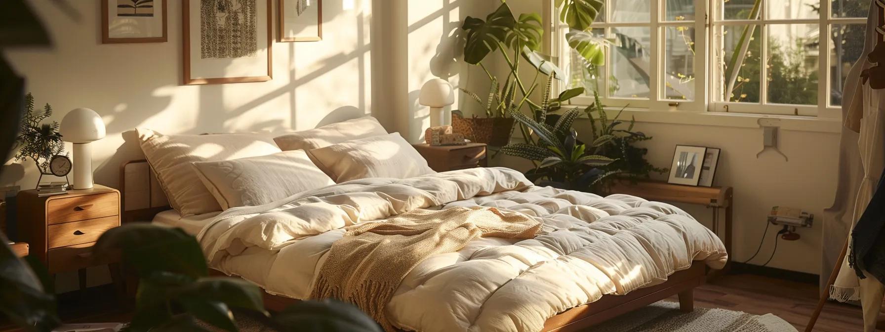 a cozy bedroom showcases a stylish futon mattress layered with organic cotton and wool, juxtaposed against a plush regular mattress, bathed in soft, natural light filtering through a nearby window, highlighting the array of textures and inviting comfort.