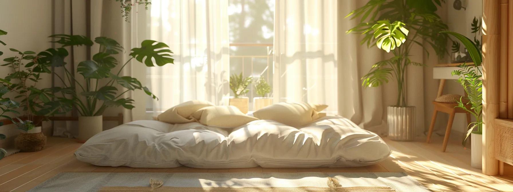 a cozy, inviting bedroom scene showcases a beautifully arranged futon mattress surrounded by warm, natural light, emphasizing budget-friendly comfort and eco-friendly design.