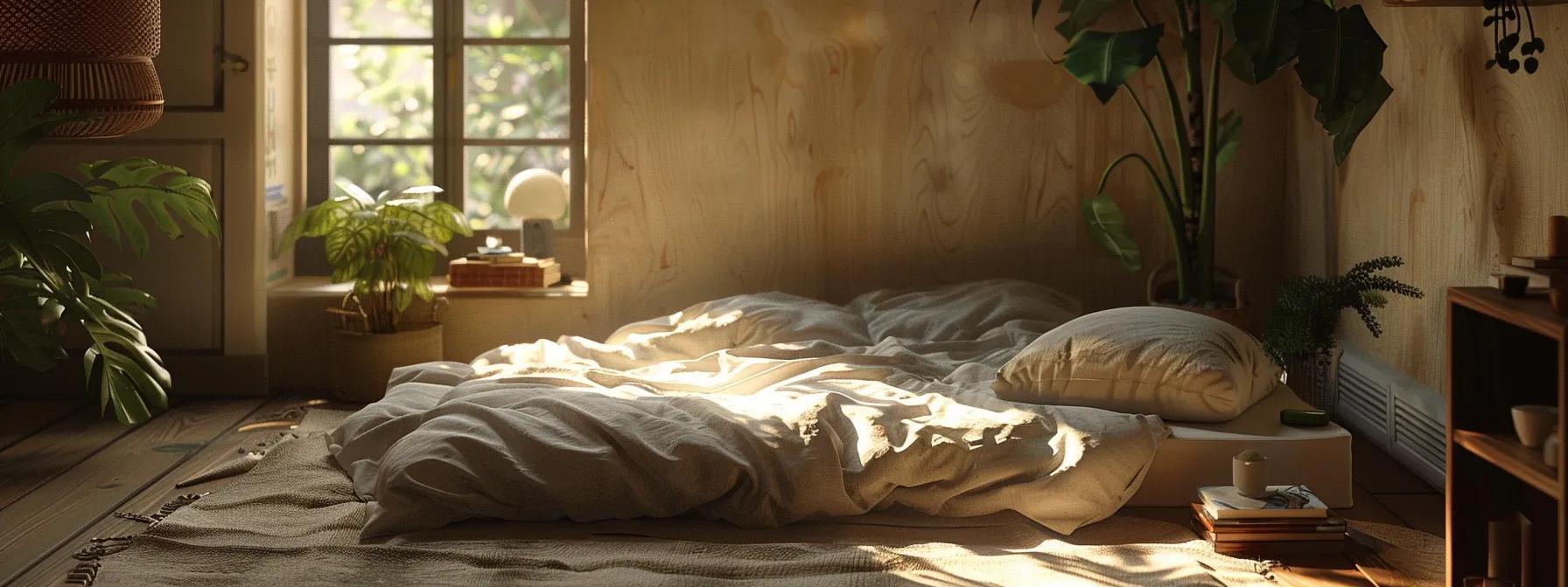 a cozy, inviting room featuring a plush futon mattress adorned with soft, textured linens, bathed in warm, natural light filtering through a nearby window.