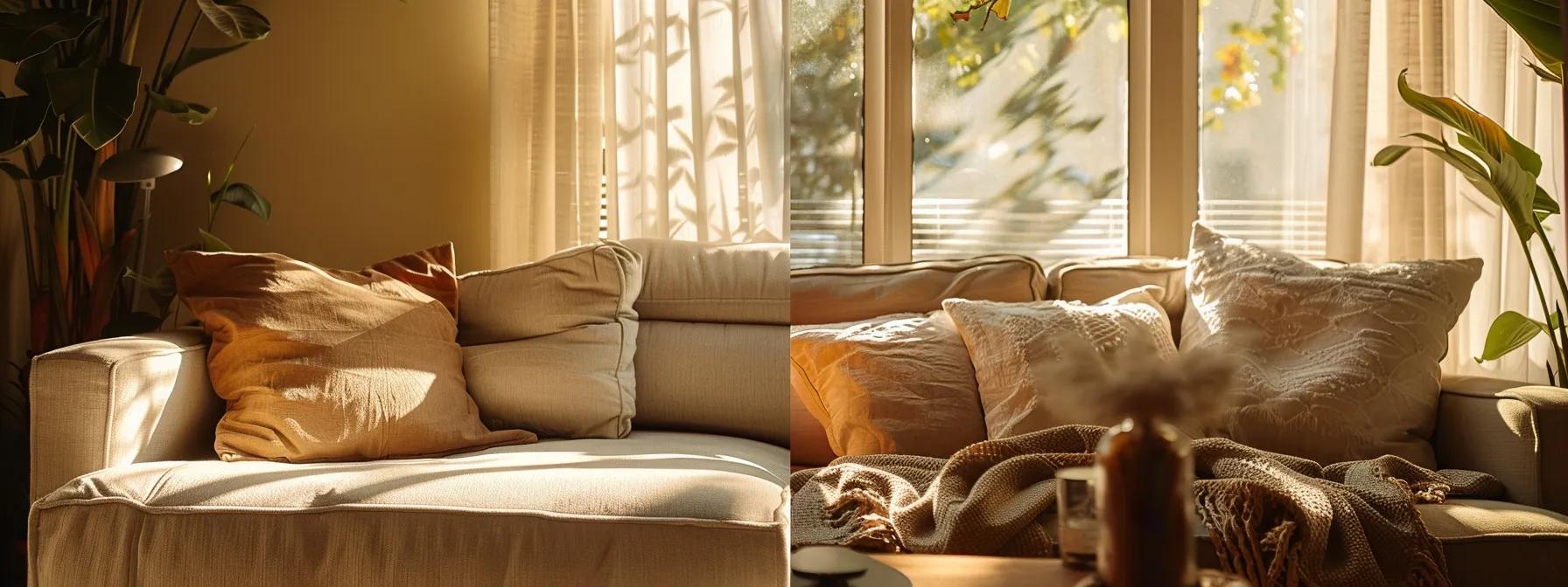 a cozy living room showcases a plush futon sofa bed and a luxurious traditional sofa, invitingly adorned with soft cushions and warm textiles, illuminated by gentle natural light streaming through a nearby window, emphasizing their contrasting comfort levels.