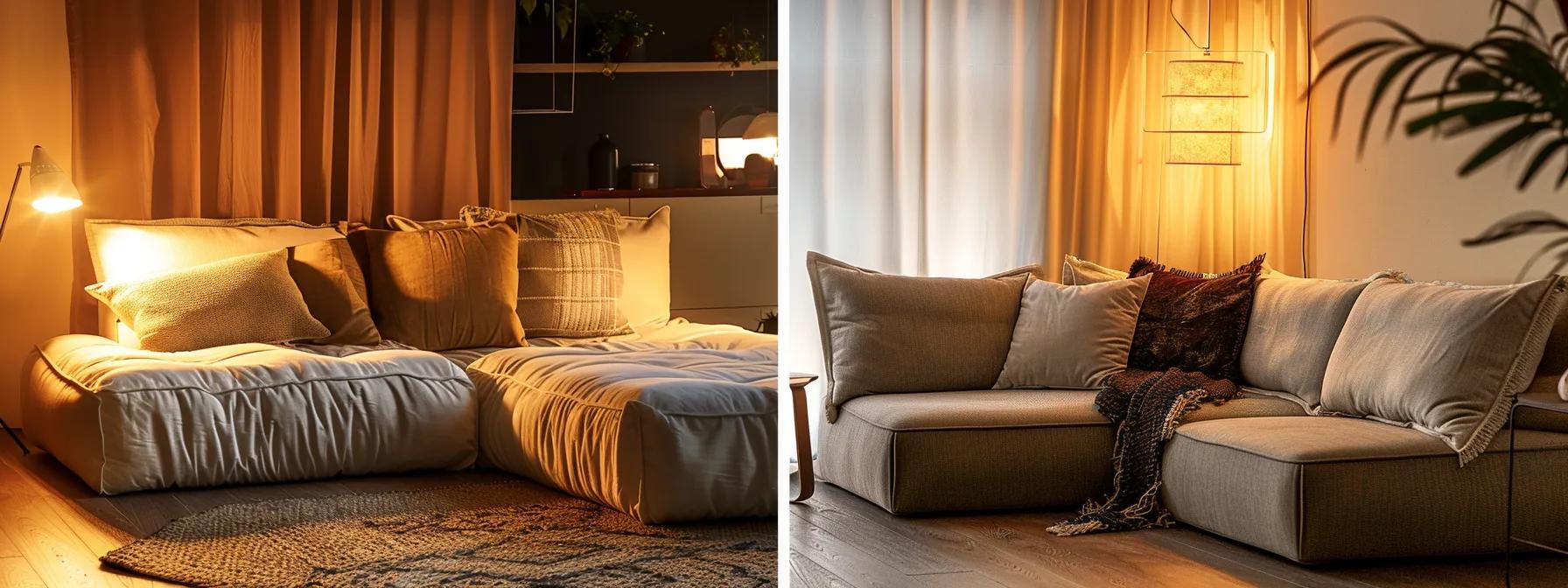 a cozy living room showcases a luxurious traditional sofa with rich upholstery beside a minimalist futon sofa bed, illuminated by soft, warm lighting that highlights the contrasting comfort levels and inviting atmosphere.