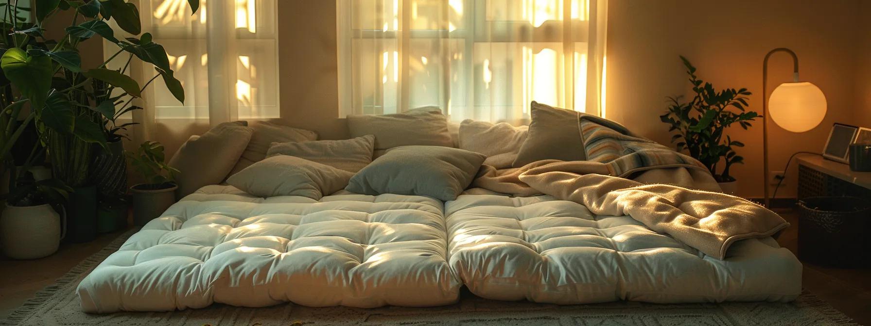 a cozy living room showcases a neatly made futon mattress in a variety of sizes, highlighting the contrast between plush comfort and stylish design under soft, warm lighting.