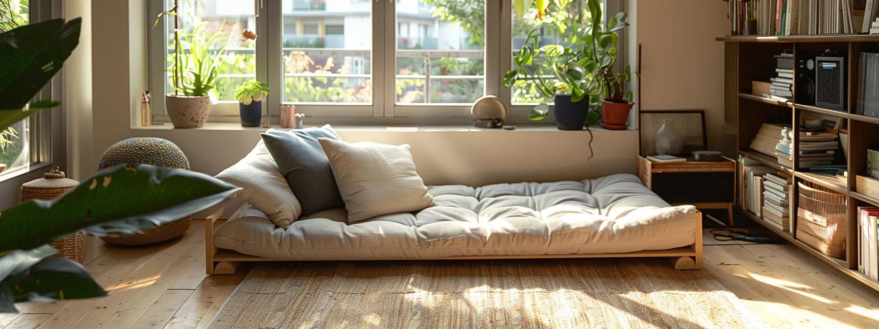 a cozy, modern living space features a stylish futon mattress elegantly transformed into a functional seating area, highlighting its versatile space-saving design and inviting atmosphere.