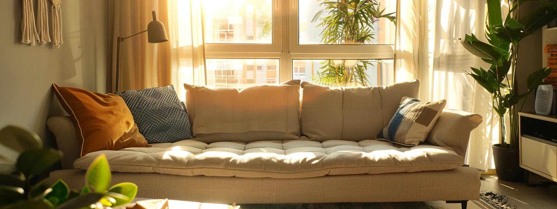 a cozy, stylish living room featuring a sleek futon sofa bed elegantly transformed for versatile use, illuminated by soft, natural light filtering through a nearby window, showcasing its space-saving design against a backdrop of modern decor.