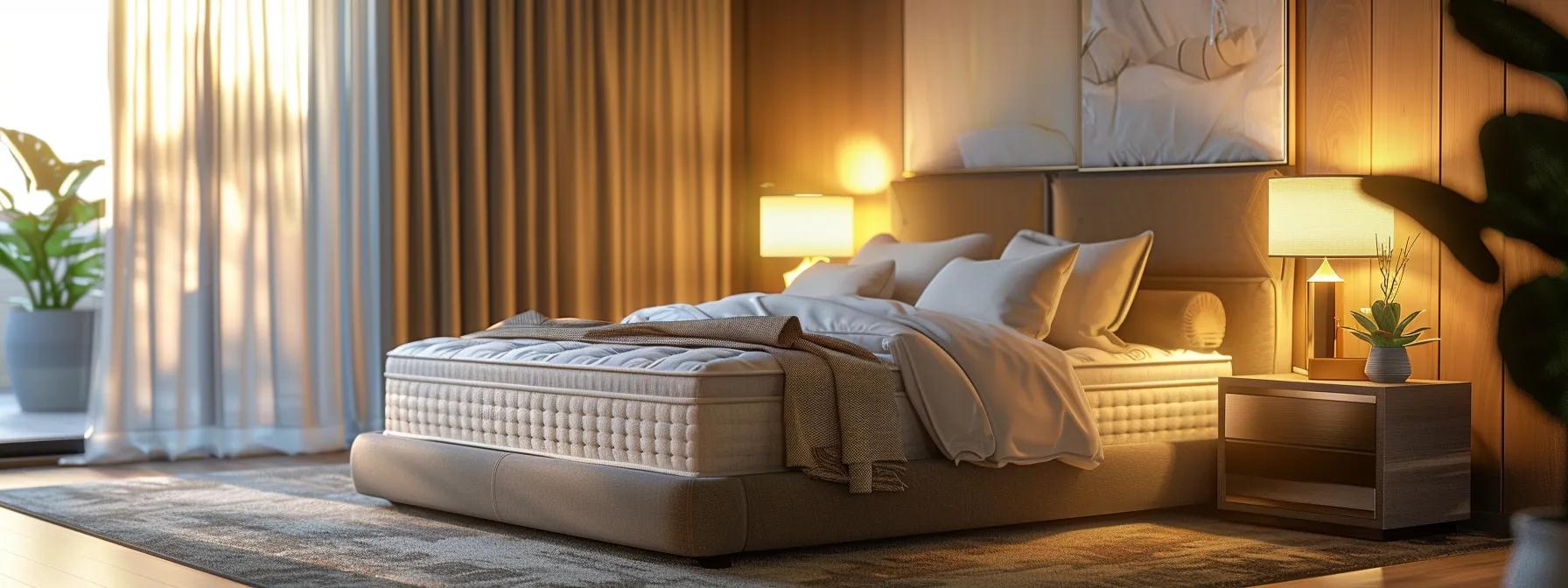 a luxurious, inviting bedroom features a perfectly arranged regular mattress with plush bedding, bathed in soft, warm light that highlights its comfort and customization, set against a serene backdrop of calming colors for a restful atmosphere.