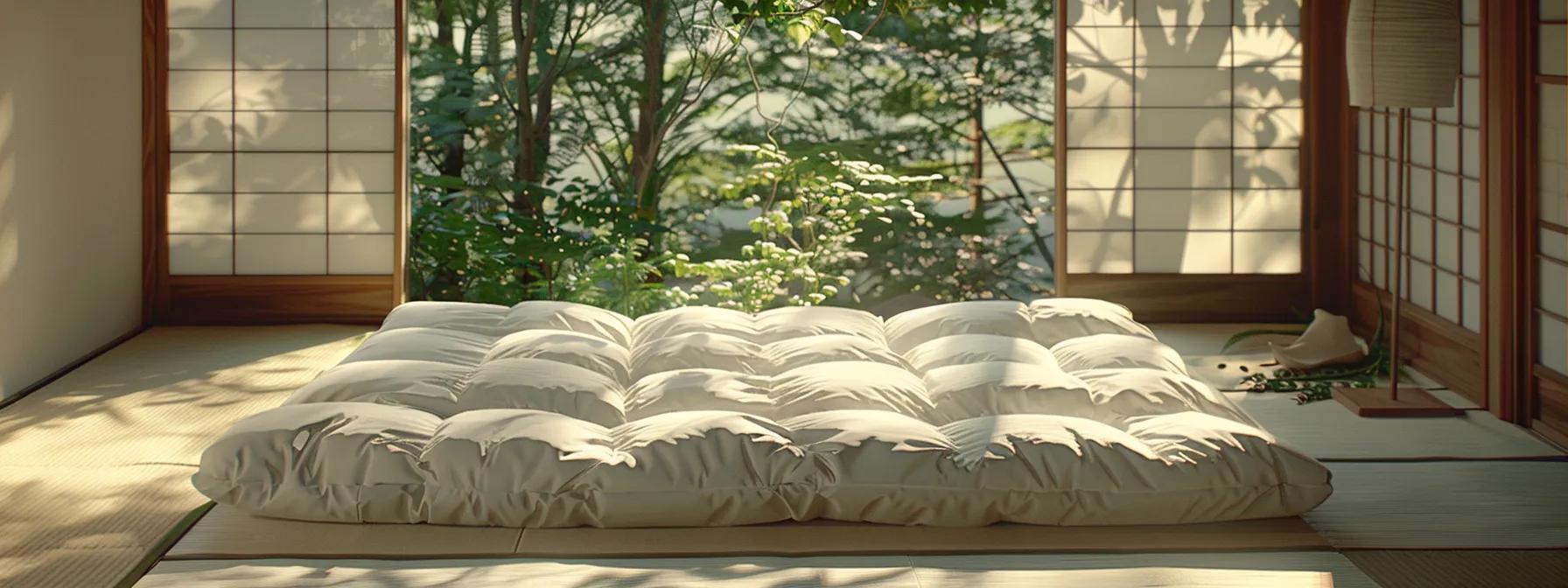 a serene bedroom scene features a traditional futon mattress gracefully laid on a natural tatami floor, bathed in soft morning light that highlights its textures, evoking a sense of tranquil comfort and promoting restful sleep.