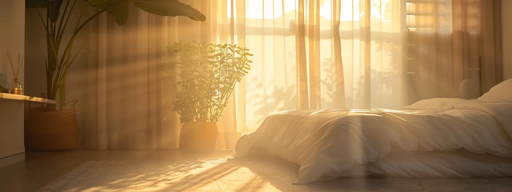 a serene bedroom scene featuring a plush futon mattress elegantly set against a soft backdrop, illuminated by gentle morning light, inviting a sense of comfort and relaxation.