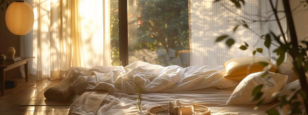 a serene bedroom scene showcases a plush, inviting futon mattress draped in soft, textured fabrics, illuminated by warm, natural light filtering in through a large window, emphasizing comfort and tranquility.