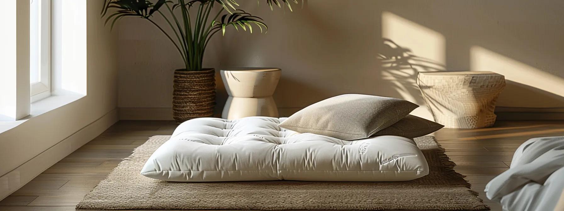 a serene bedroom scene showcases a modern futon mattress, elegantly contrasted with a traditional design, highlighting their unique textures and supportive features in soft, ambient lighting.