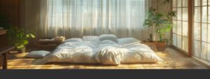 a serene bedroom showcases a luxurious japanese futon, impeccably arranged on a polished wooden floor beneath soft, diffused morning light, embodying the essence of ultimate comfort and tranquility.