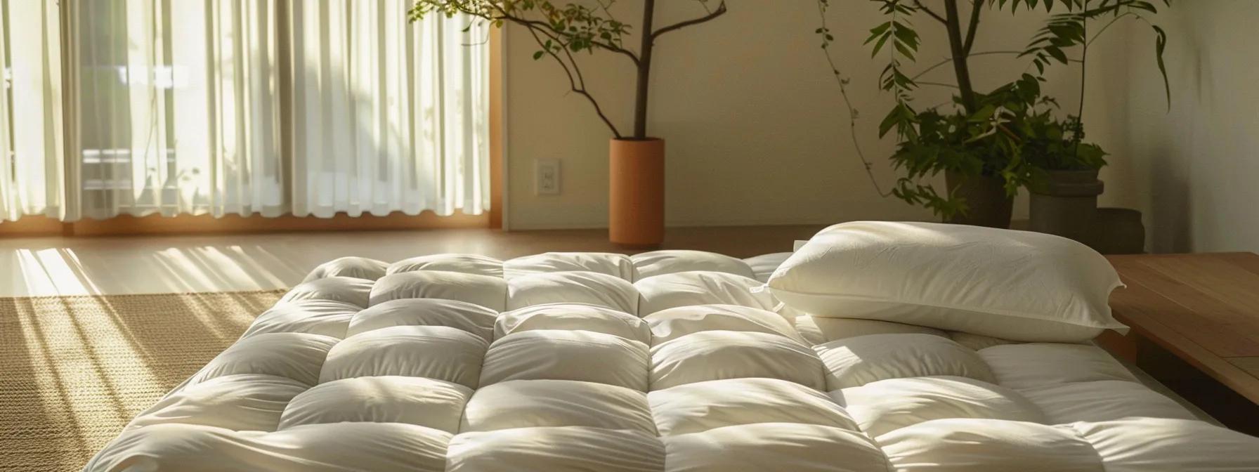 a serene bedroom showcases a beautifully arranged futon mattress, emphasizing its plush thickness and luxurious fabric, bathed in warm, natural light that harmonizes with the surrounding minimalist decor.