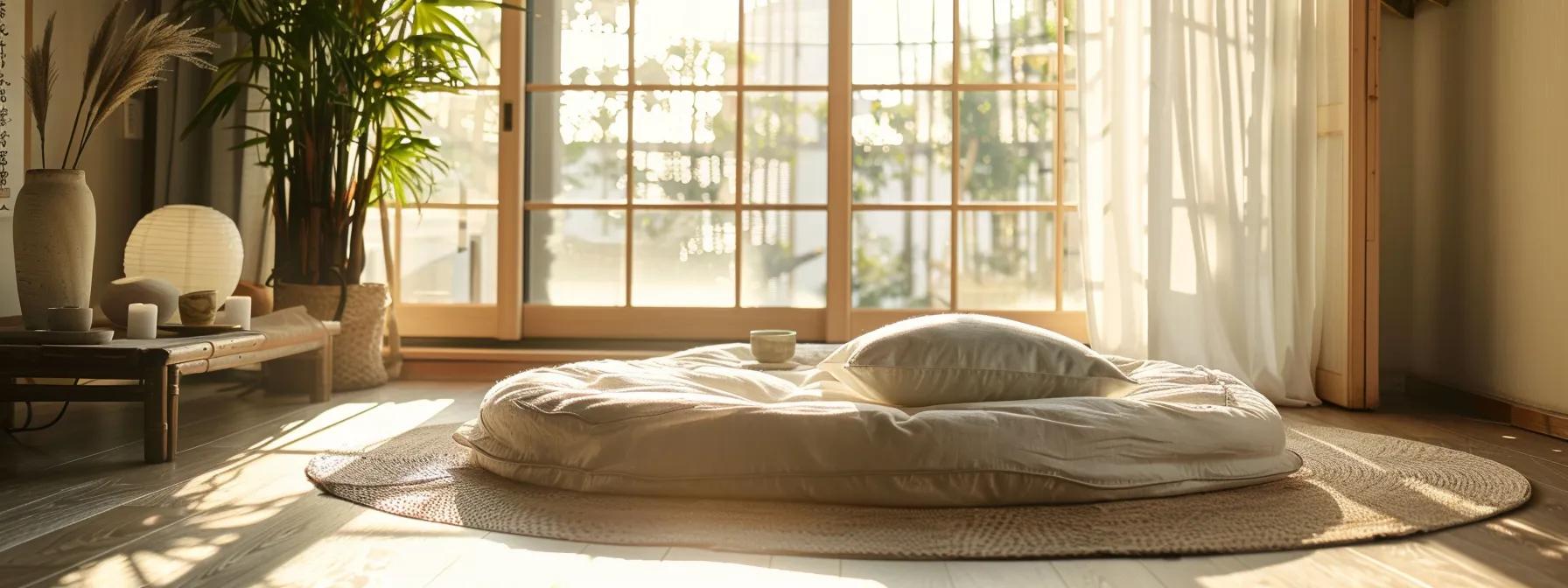 a serene bedroom showcases a luxurious futon mattress adorned with soft cotton and linen upholstery, bathed in warm, natural light filtering through an open window, emphasizing its plush comfort and inviting texture.