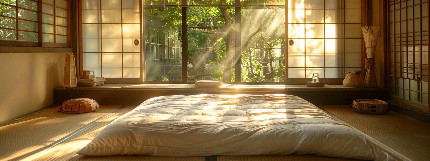 a serene japanese bedroom features a beautifully made queen-size futon, adorned with soft, luxurious fabrics, bathed in warm, natural light filtering through shoji screens, evoking a sense of tranquility and comfort.