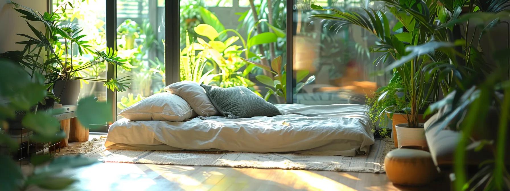 a serene living room featuring a beautifully arranged organic futon mattress surrounded by lush greenery and soft, natural light, emphasizing a tranquil and eco-friendly lifestyle.