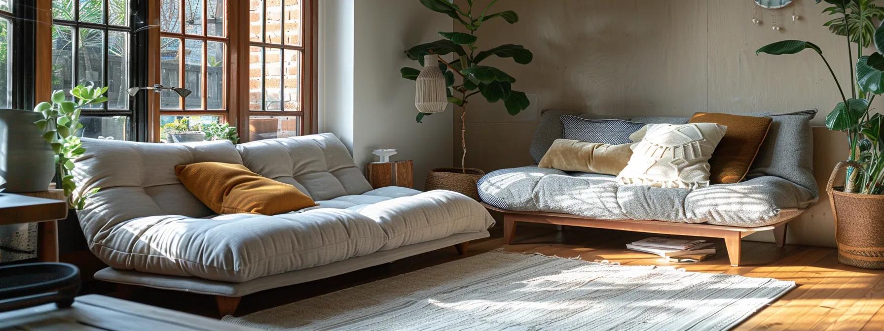 a serene living space showcases a stylish futon sofa bed and a traditional sofa, illuminated by soft, natural light, highlighting the contrasting designs while inviting viewers to consider their budget and functionality in furniture choices.