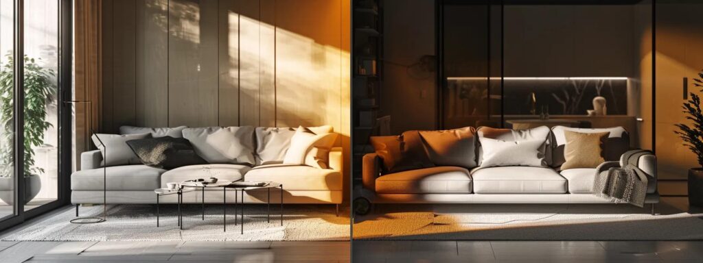 a stunning split-scene composition showcasing a sleek, modern futon sofa bed on one side, contrasting with a classic, plush traditional sofa on the other, bathed in warm, inviting light to emphasize their distinct styles.