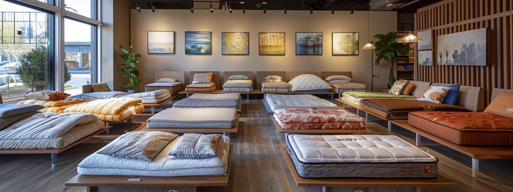 a vibrant display of elegant futon mattresses in a cozy, well-lit showroom, showcasing their various textures and colors to entice discerning shoppers seeking comfort and style.