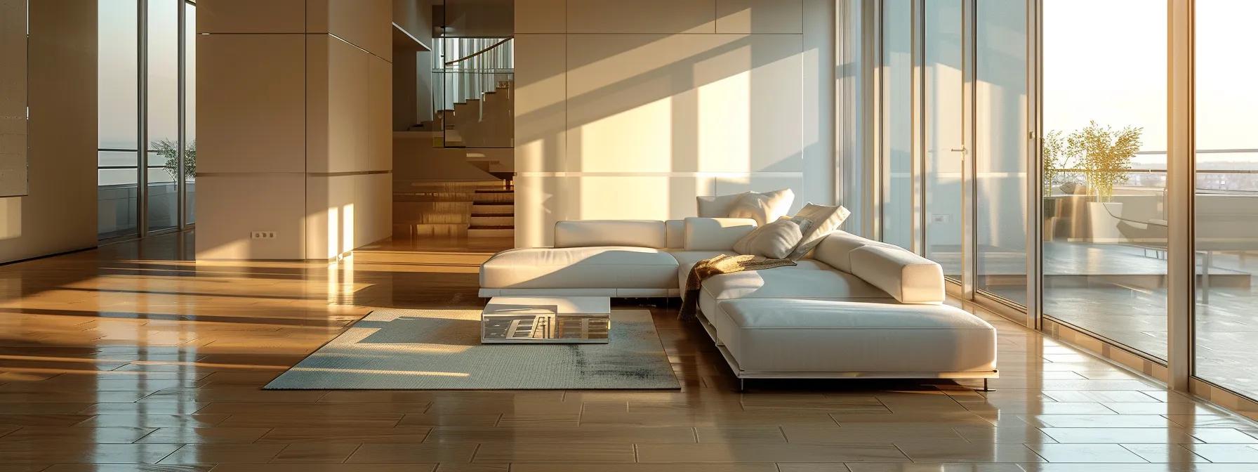 an elegant, modern living room featuring a sleek futon sofa bed, showcasing its minimalist design and structural materials against a backdrop of soft natural light streaming through large windows.