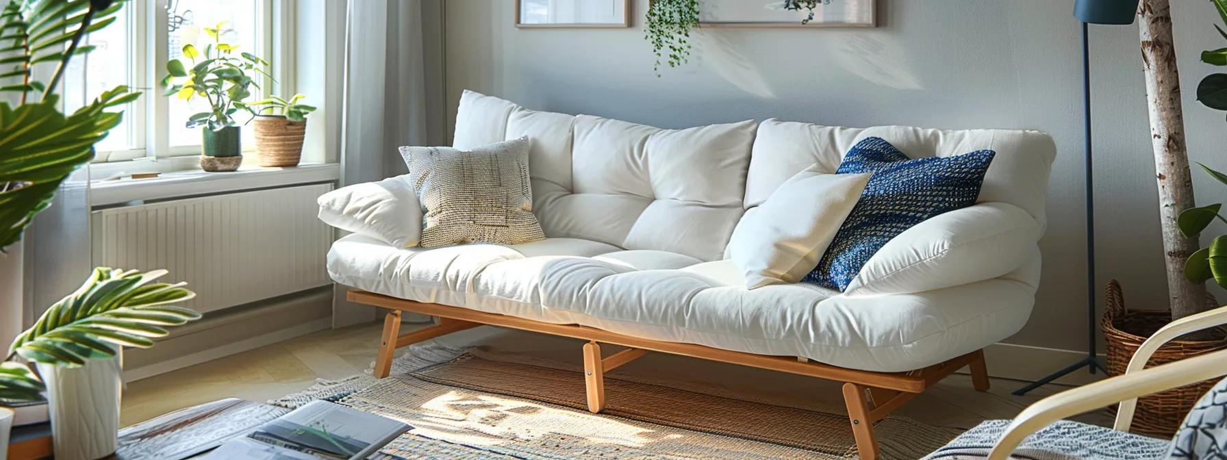 a beautifully arranged living room showcases a well-maintained futon sofa bed, adorned with fresh, inviting fabrics and surrounded by soft, natural lighting that emphasizes its comfort and durability.