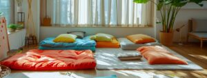 a beautifully arranged living space showcases a vibrant array of futon mattresses in various textures and colors, illuminated by soft natural light filtering through a nearby window, emphasizing their comfort and cozy appeal.