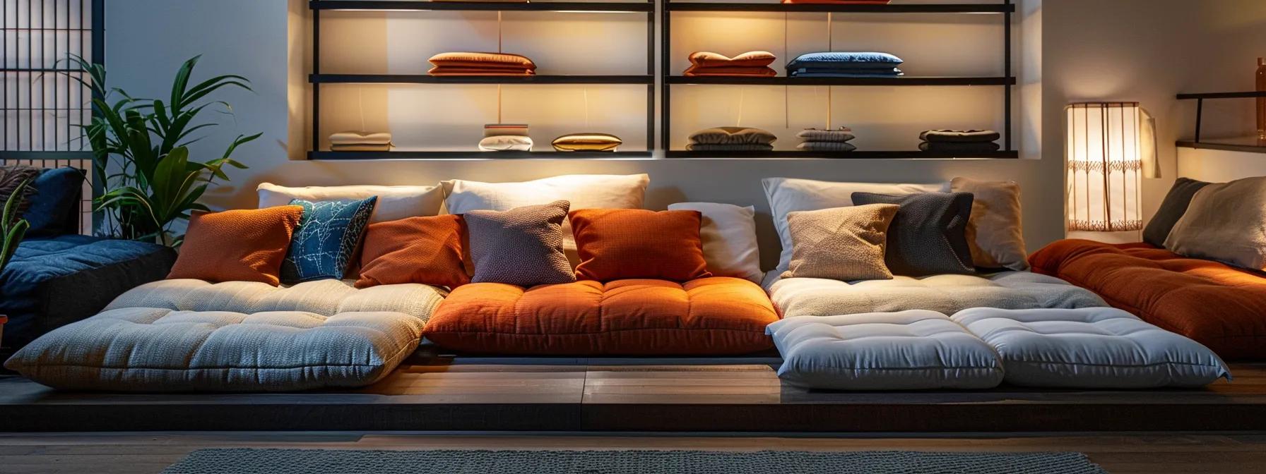 a beautifully arranged online shopping interface showcases a selection of vibrant, high-quality futon mattresses, illuminated by warm, inviting light to highlight their plush textures and contemporary designs.