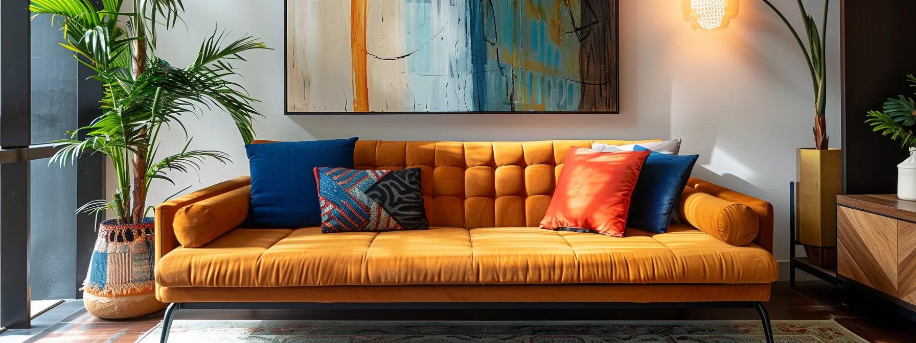 a beautifully styled room features a modern futon sofa bed adorned with rich textiles and vibrant colors, elegantly complementing the contemporary decor and creating a welcoming ambiance.