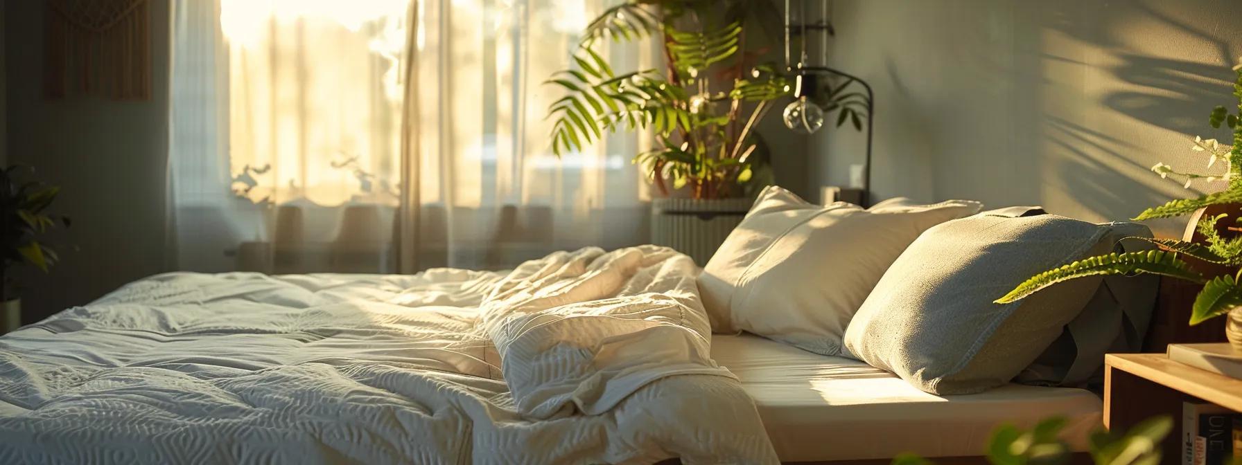 a cozy bedroom featuring a plush futon mattress in soft, inviting colors, illuminated by warm, natural light streaming through a window, emphasizing the importance of comfort and quality in online shopping for home furnishings.