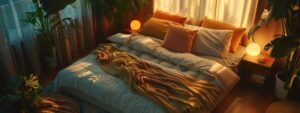 a cozy bedroom scene features a vibrant futon mattress elegantly styled alongside a plush regular mattress, showcasing their contrasting textures and designs amidst warm, inviting lighting.