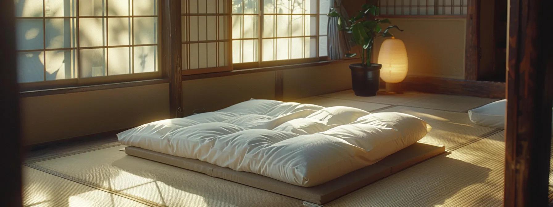 a cozy bedroom showcases a plush futon mattress on a minimalist frame, illuminated by soft, warm light, highlighting its smooth, even surface and inviting atmosphere for restful sleep.