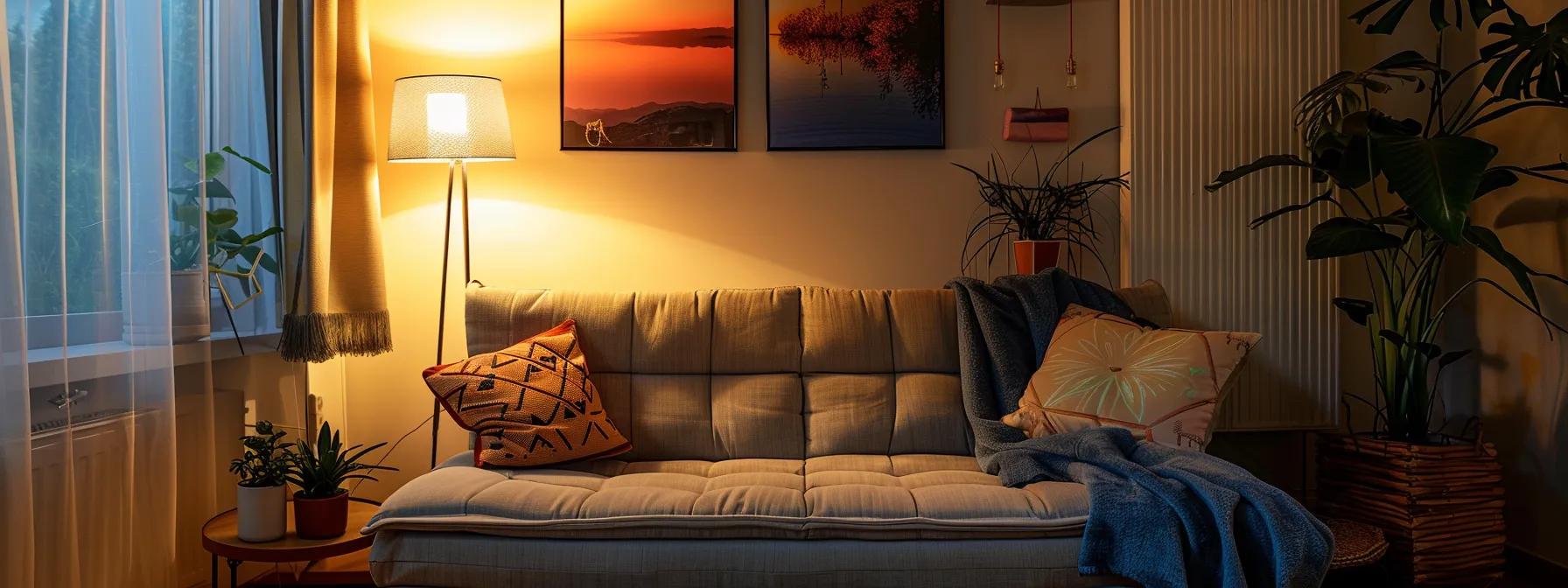 a cozy, compact living space featuring a stylish futon sofa bed, accentuated by warm lighting and tasteful decor, inviting relaxation and versatility in a modern, space-efficient environment.