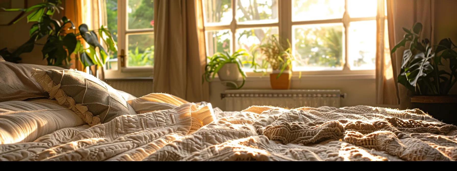 a cozy, inviting bedroom features a plush futon mattress adorned with soft, textured bedding, bathed in warm, natural light streaming through a nearby window, creating an atmosphere of comfort and relaxation.