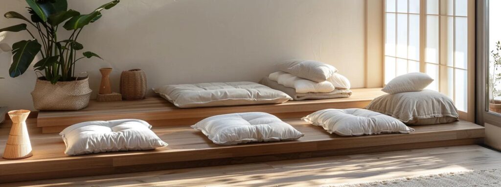 a cozy, inviting bedroom featuring a variety of futon mattresses elegantly displayed on a minimalist wooden platform, bathed in soft, warm natural light that highlights their diverse textures and colors.