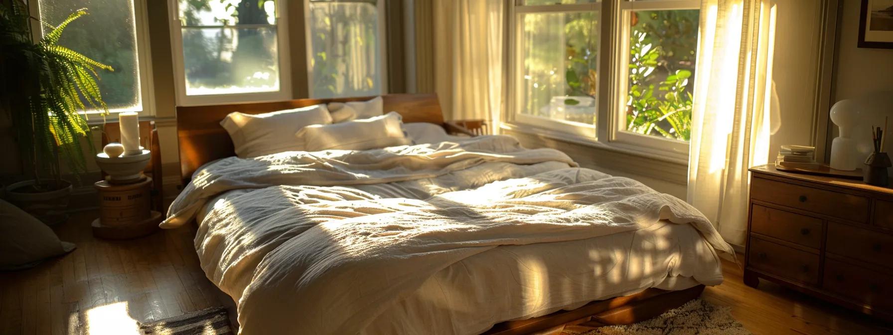 a cozy, inviting bedroom showcases a luxurious futon mattress adorned with soft, elegant bedding, illuminated by warm, natural light streaming through a nearby window, emphasizing comfort and relaxation.