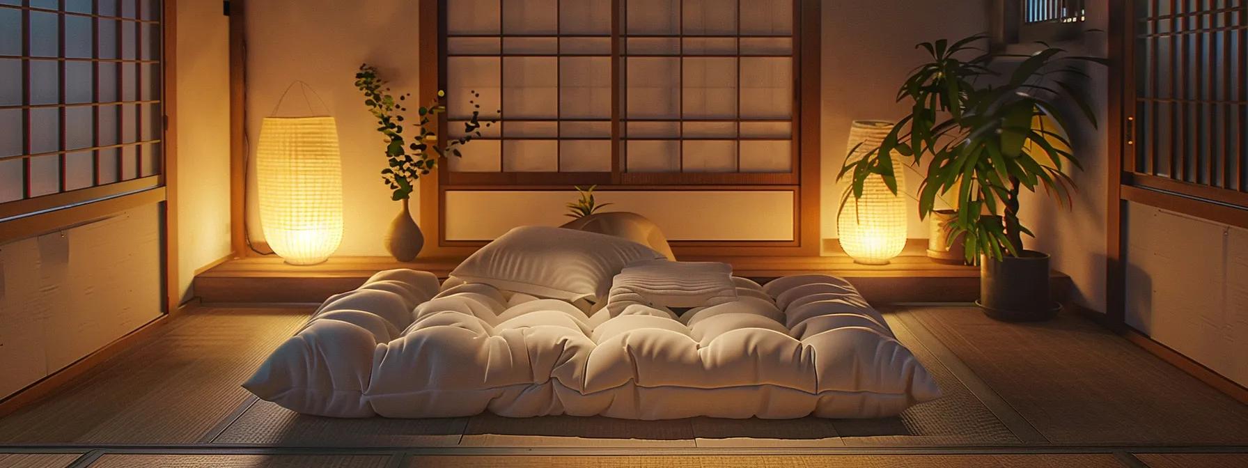 a cozy, inviting interior showcases a plush futon mattress surrounded by soft, ambient lighting, emphasizing its firm yet comfortable design and breathable materials for a peaceful night's sleep.