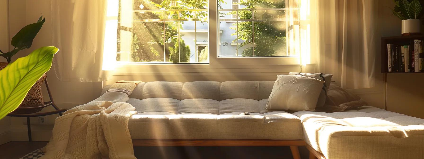 a cozy living room features a plush sofa bed elegantly transformed into a sleek sleeping space, contrasting with a minimalist futon that showcases its lightweight design, all bathed in warm, inviting sunlight streaming through a large window.