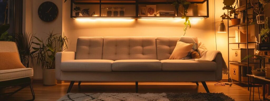 a cozy living room showcases a stylish futon and a sleek sofa bed, both elegantly adorned with plush cushions, under soft, ambient lighting that highlights their inviting designs and functionality.