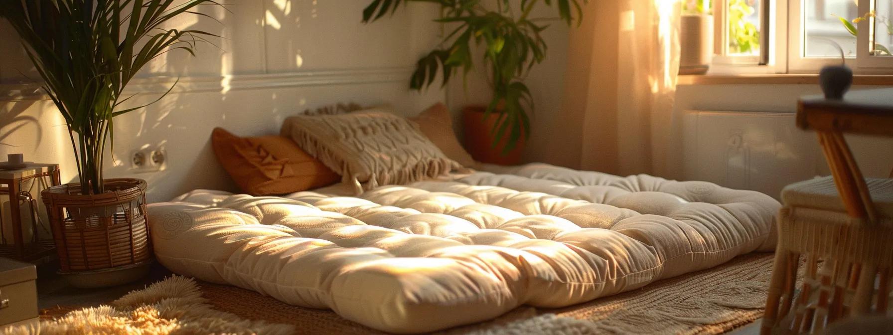 a cozy living room showcases a neatly made futon mattress adorned with soft, inviting fabrics, bathed in warm, natural light, emphasizing comfort and relaxation.