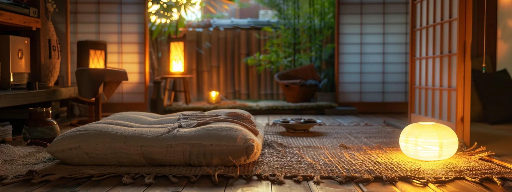 a cozy living space features an inviting futon mattress, showcasing various comfortable materials and textures, bathed in warm, soft lighting to emphasize relaxation and serenity.