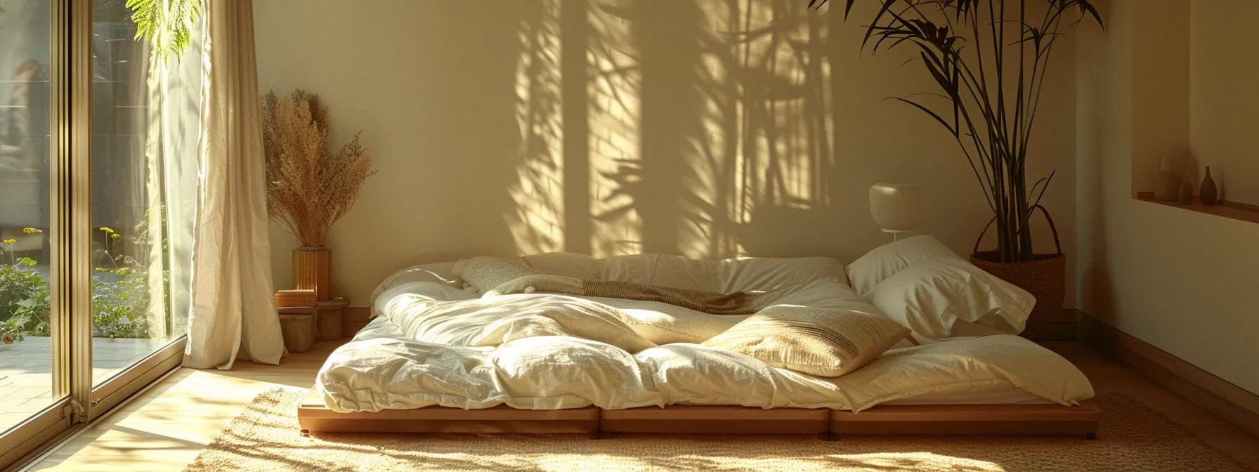 a cozy, minimalist bedroom featuring a plush futon mattress adorned with soft textiles, illuminated by warm, natural light filtering through a window, symbolizing the comfort and savings of online shopping.