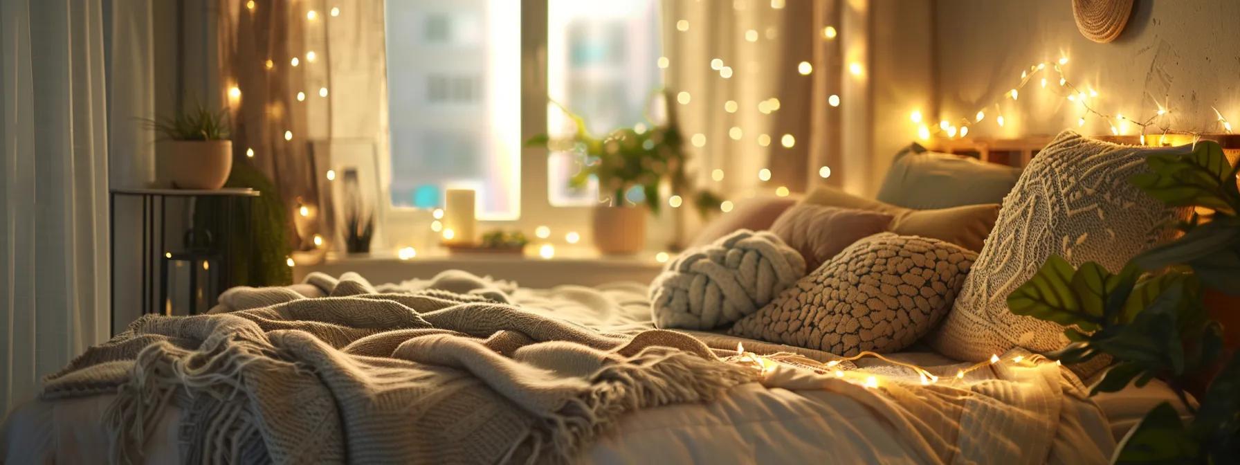 a cozy, softly lit bedroom featuring a plush futon mattress adorned with inviting pillows and a thick, warm blanket, highlighting the theme of comfort and restful sleep.