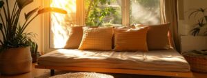 a cozy, sunlit living room featuring a neatly arranged futon couch adorned with plush cushions and a woven throw, highlighting a serene atmosphere of relaxation and comfort.