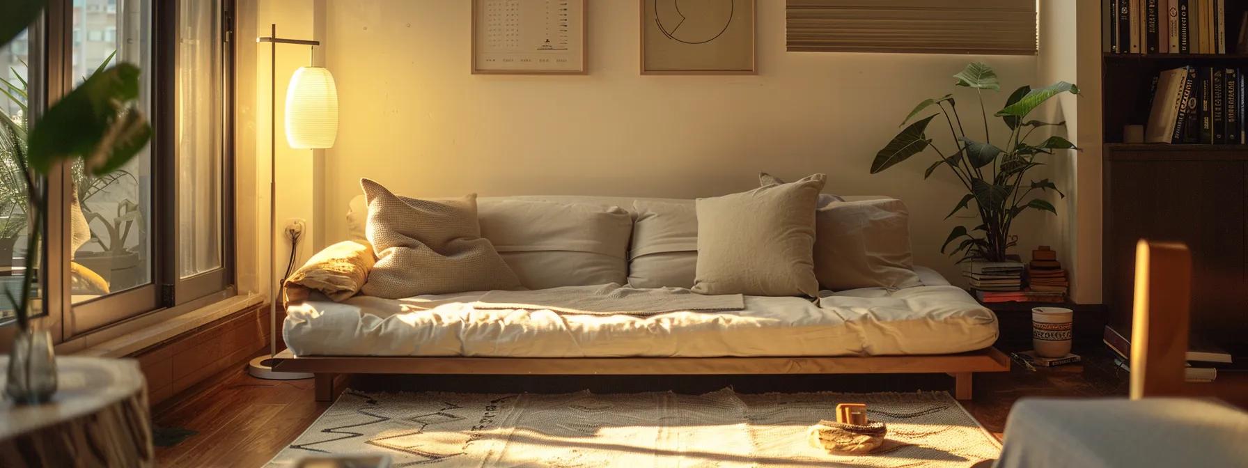 a cozy, tastefully arranged living room showcases a stylish futon sofa bed effortlessly transitioning from an inviting seating area to a relaxed sleeping space, bathed in warm, ambient light.