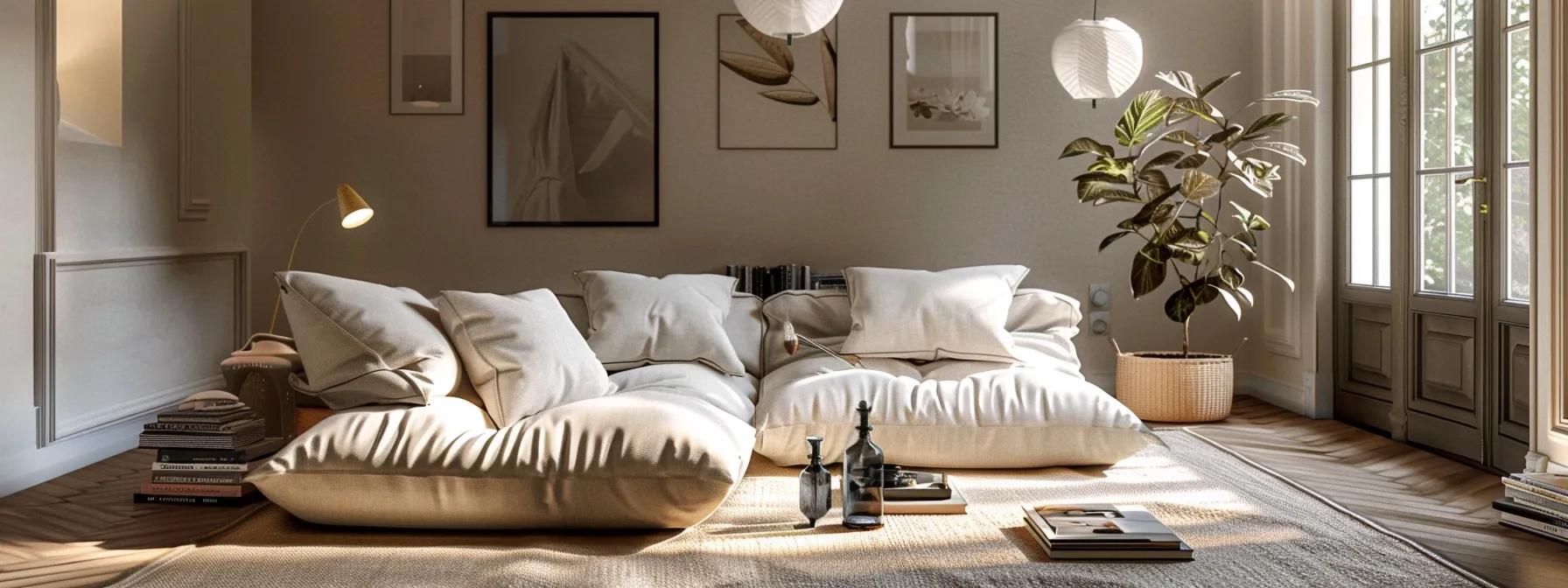 a cozy, well-lit living room showcases a plush futon sofa bed adorned with soft cotton and latex cushions, inviting relaxation and comfort in a modern, stylish setting.