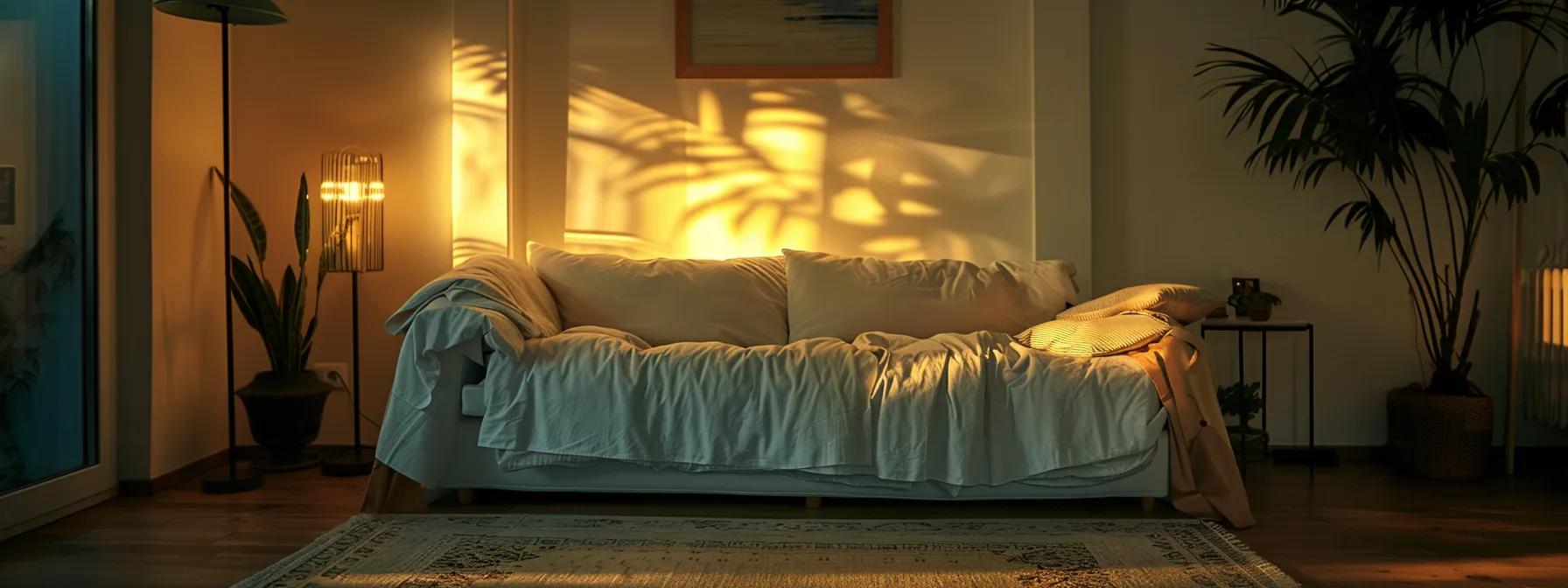 a cozy yet cramped living room showcases a stylish yet uninviting sofa bed, illuminated by soft natural light, highlighting its wear and the contrast between elegance and practicality.