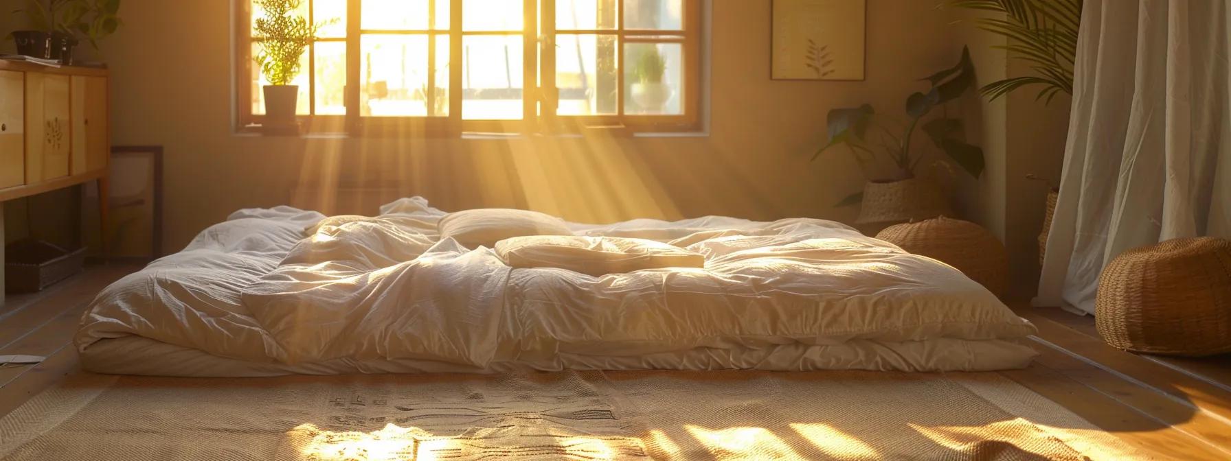 a serene bedroom scene featuring a well-maintained futon mattress, elegantly arranged with soft bedding, bathed in warm, soft natural light, emphasizing comfort and longevity.