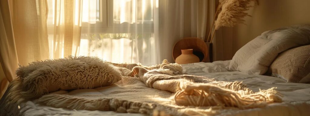 a serene bedroom scene featuring a plush, inviting futon mattress adorned with soft, textured blankets and cushions, bathed in warm, golden light filtering through sheer curtains, emphasizing comfort and relaxation.